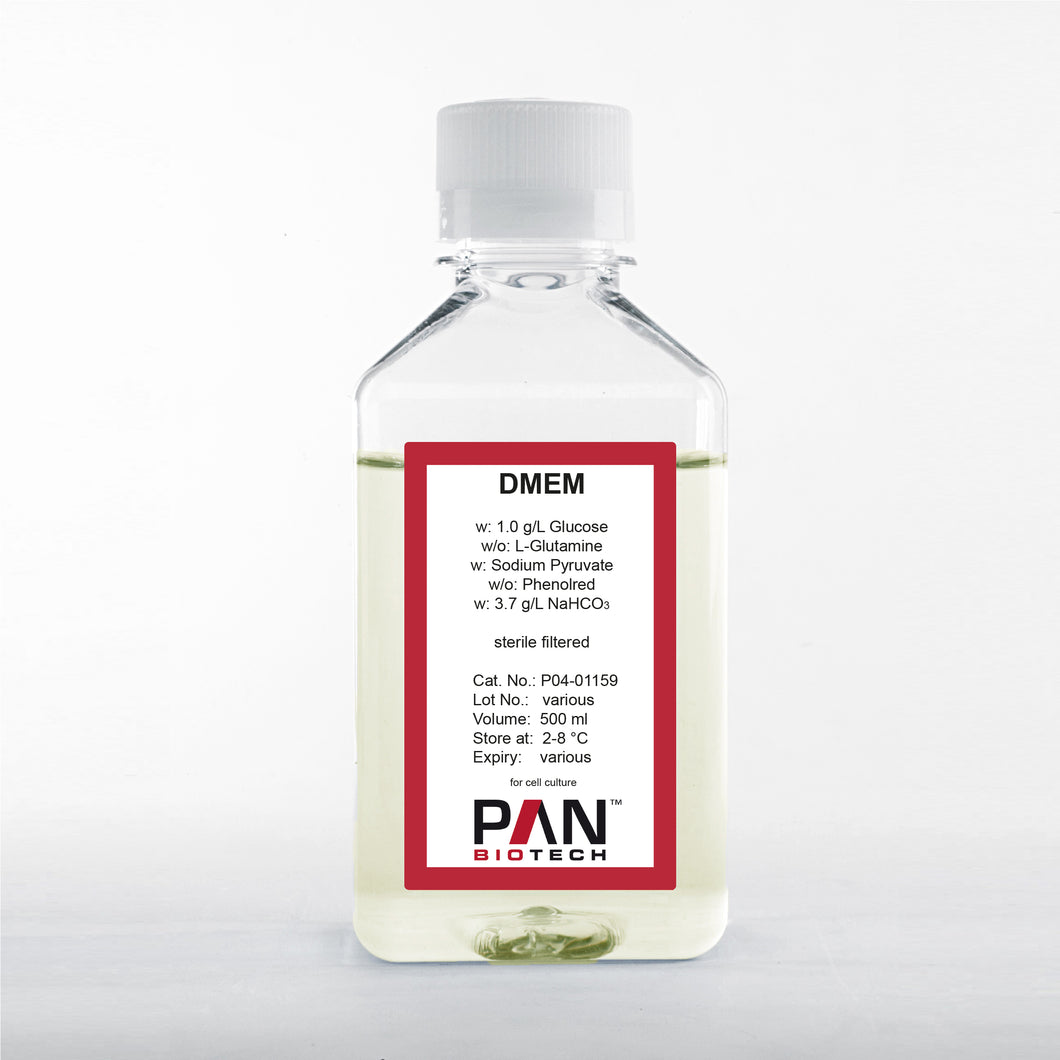PAN-Biotech DMEM, w: 1.0 g/L Glucose, w/o: L-Glutamine, w: Sodium pyruvate,w/o: Phenol red, w: 3.7 g/L NaHCO3, cat. no. P04-01159, 500 ml bottle, distributed by Ilex Life Sciences