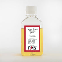 Load image into Gallery viewer, PAN-Biotech Human Serum Albumin (HSA), 20% Solution, Premium Grade, US Origin, 500 ml bottle, cell culture media supplement, cat. no. P06-27500, distributed by Ilex Life Sciences.
