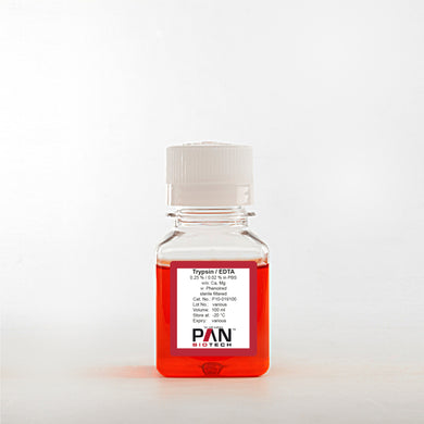 PAN-Biotech Trypsin 0.25% / EDTA 0.02% in PBS, w/o: Ca and Mg, w: Phenol Red, 100 ml bottle, cat. no. P10-019100, distributed by Ilex Life Sciences LLC