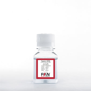 PAN-Biotech Trypsin 0.25% / EDTA 0.02% in PBS, w/o: Ca and Mg, 100 ml bottle, cat. no. P10-020100, distributed by Ilex Life Sciences LLC