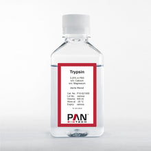 Load image into Gallery viewer, PAN-Biotech Trypsin 0.25% in PBS, w/o: Ca and Mg, 500 ml bottle, cat. no. P10-021500, distributed by Ilex Life Sciences LLC