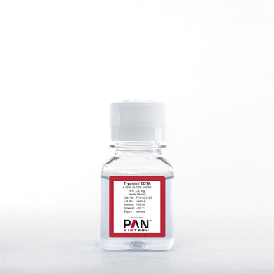 PAN-Biotech Trypsin 0.05% / EDTA 0.02% in PBS, w/o: Ca and Mg, 100 ml bottle, cat. no. P10-023100, distributed by Ilex Life Sciences LLC