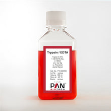 Load image into Gallery viewer, PAN-Biotech Trypsin 0.25% / 1 mM EDTA 4 Na in HBSS, w/o: Ca and Mg, w: Phenol Red, 500 ml bottle, cat. no. P10-029500, distributed by Ilex Life Sciences LLC