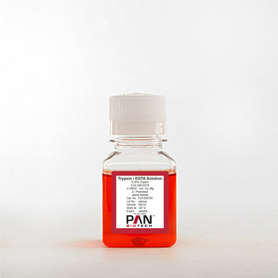 PAN-Biotech Trypsin 0.25% / 0.53 mM EDTA in HBSS, w/o: Ca and Mg, w: Phenol Red, 100 ml bottle, cat. no. P10-036100, distributed by Ilex Life Sciences LLC