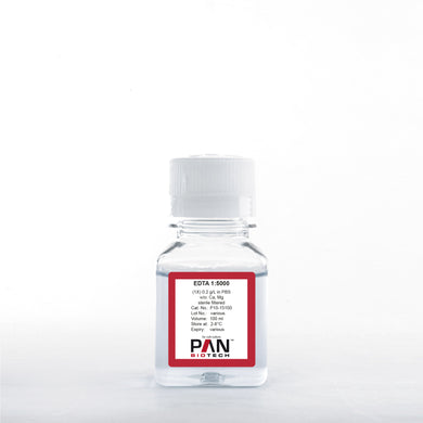 PAN-Biotech EDTA 1:5000 (1X), 0.2 g/L in PBS, w/o Ca and Mg, EDTA solution for cell culture, 100 ml bottle, cat. no. P10-15100, distributed by Ilex Life Sciences LLC.