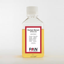 Load image into Gallery viewer, PAN-Biotech Human Serum, off-the-clot (pooled), sterile filtered, EU Origin, virus and mycoplasma tested, 500 ml bottle, cell culture media supplement, cat. no. P30-2702, distributed by Ilex Life Sciences.