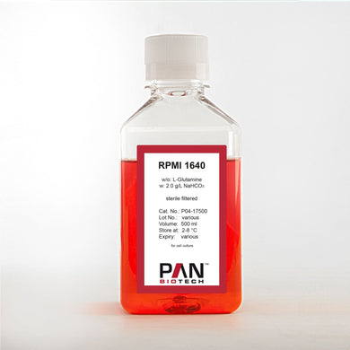 P04-17500: PAN-Biotech RPMI 1640, w/o: L-Glutamine, w: 2.0 g/L NaHCO3, 500 ml bottle, cell culture media