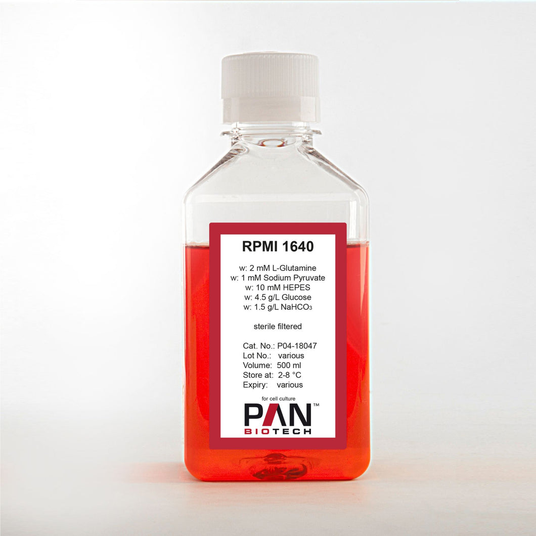 P04-18047: PAN-Biotech RPMI 1640, w: 2 mM L-Glutamine, w: 1 mM Sodium pyruvate, w: 4.5 g/L Glucose, w: 10 mM HEPES, w: 1.5 g/L NaHCO3, 500 ml bottle cell culture media