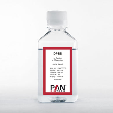 P04-35500: Dulbecco's Phosphate-Buffered Saline (DPBS) with calcium chloride and magnesium chloride (500 ml bottle). Manufactured in Germany by PAN-Biotech.