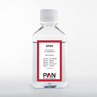 P04-36500: Dulbecco's Phosphate-Buffered Saline (DPBS) without calcium chloride and magnesium chloride (500 ml bottle). Manufactured in Germany by PAN-Biotech.