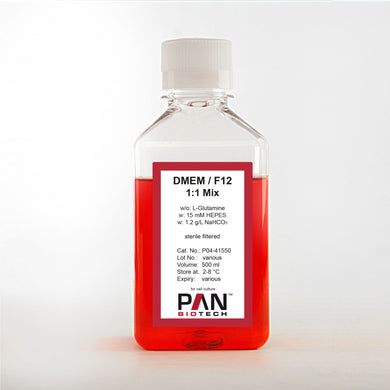 PAN-Biotech DMEM/F12 (1:1), w/o: L-Glutamine, w: 15 mM HEPES, w: 1.2 g/L NaHCO3, 500 ml cell culture medium