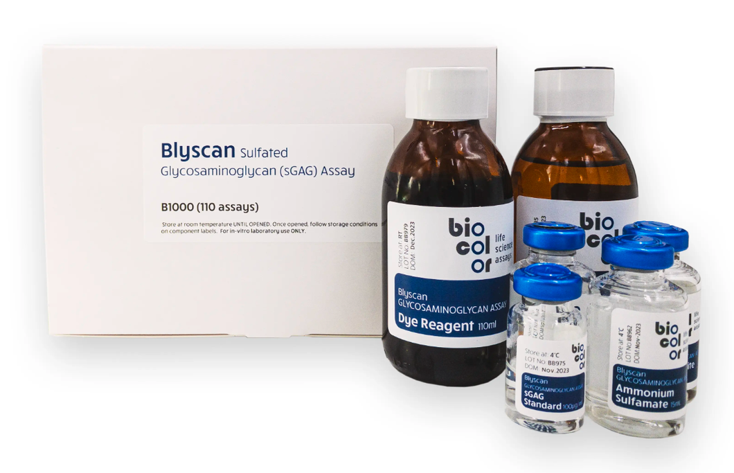 Biocolor Blyscan™ Glycosaminoglycan (sGAG) Assay, Standard Size Kit (110 assays), cat. no. B1000, distributed by Ilex Life Sciences LLC