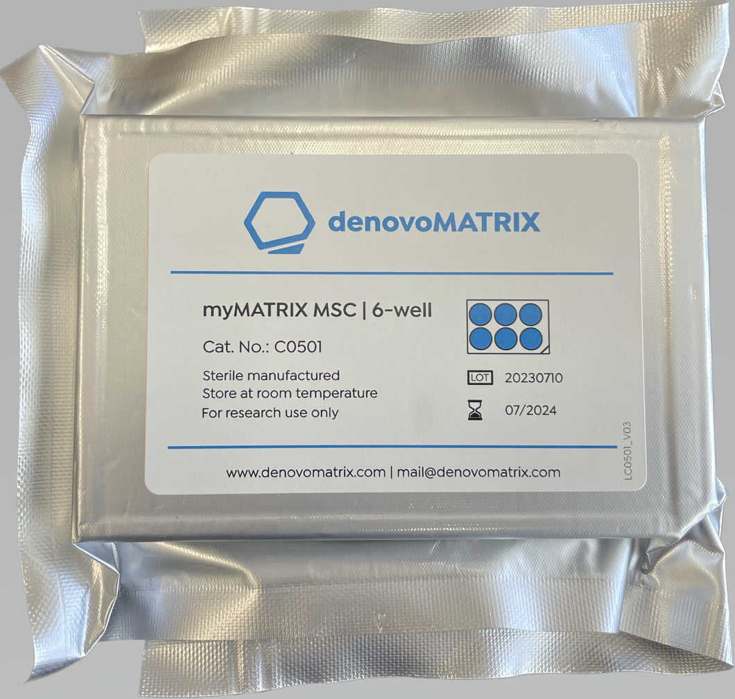 myMATRIX MSC 6-well plate: precoated cultureware for mesenchymal stromal cells expansion, manufactured by denovoMATRIX GmbH and distributed by Ilex Life Sciences LLC