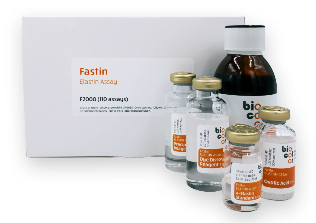 Biocolor Fastin™ Elastin Assay, Standard Size Kit (110 assay), Cat. No. F2000, distributed by Ilex Life Sciences LLC