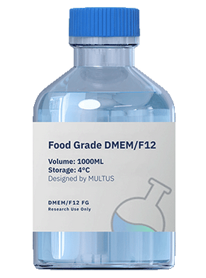 Multus Food Grade DMEM/F12 Cell Culture Medium (1000 ml bottle), cat. no. DMFG01-1000ML, manufactured by Multus Biotechnology and distributed by Ilex Life Sciences.