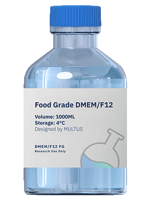 Multus Food Grade DMEM/F12 Cell Culture Medium (1000 ml bottle), cat. no. DMFG01-1000ML, manufactured by Multus Biotechnology and distributed by Ilex Life Sciences.