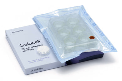 Gelacell™ - Gelatin scaffolds fixed to cell crowns in 6-well plate for 3D cell culture, manufactured by Gelatex Technologies and distributed by Ilex Life Sciences.