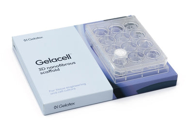 Gelacell™ - Gelatin scaffolds fixed to cell crowns in 12-well plate for 3D cell culture, manufactured by Gelatex Technologies and distributed by Ilex Life Sciences.