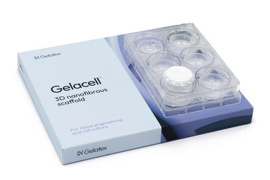 Gelacell™ - PLGA scaffolds fixed to cell crowns in 6-well plate for 3D cell culture, manufactured by Gelatex Technologies and distributed by Ilex Life Sciences.