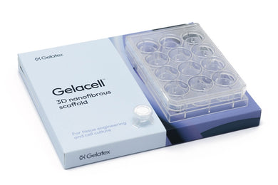 Gelacell™ - Aligned PLLA scaffolds fixed to cell crowns in 12-well plate for 3D cell culture, manufactured by Gelatex Technologies and distributed by Ilex Life Sciences.