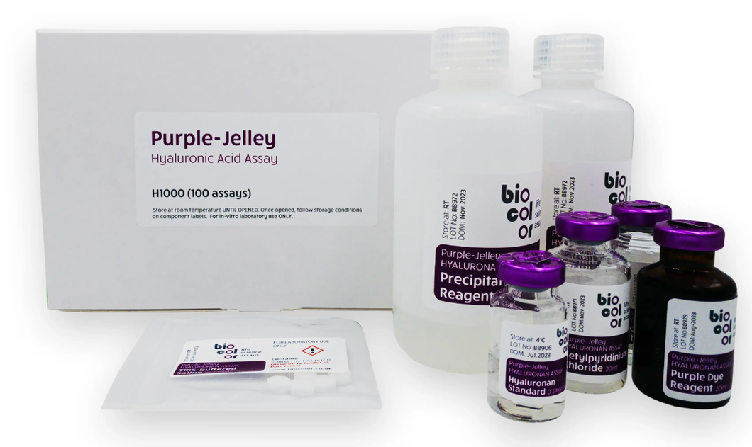 Biocolor Purple-Jelley™ Hyaluronan / Hyaluronic Acid Assay, Standard Size Kit (100 assays), Cat. No. H1000, distributed by Ilex Life Sciences LLC