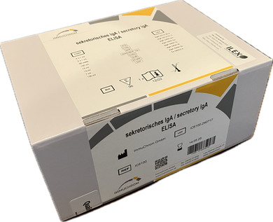 Secretory IgA (sIgA) ELISA for Human Stool, Saliva (ImmuChrom), cat. no. IC6100, manufactured by Immuchrom GmbH and distributed by Ilex Life Sciences LLC.