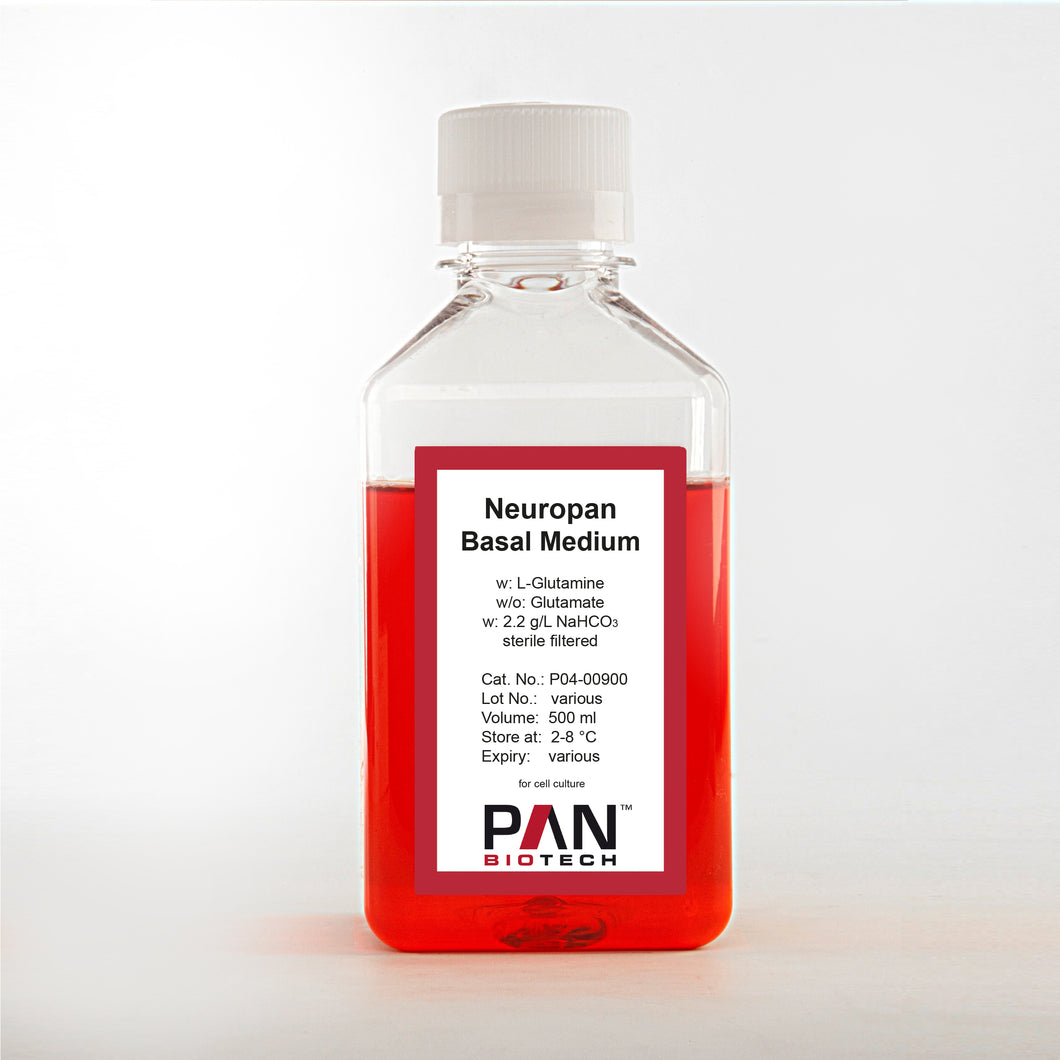 Neuropan Serum-Free Medium for Neuron Cultivation: Basal Medium w: L-Glutamine, w/o: Glutamate, w: 2.2 g/L NaHCO3, 500 ml bottle, cell culture media, cat. no. P04-00900, manufactured by PAN-Biotech GmbH and distributed by Ilex Life Sciences LLC.