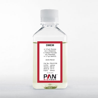 PAN-Biotech DMEM, w: 4.5 g/L Glucose, w/o: L-Glutamine, w: Sodium pyruvate, w/o: Phenol red, w: 3.7 g/L NaHCO3, 500 ml bottle, cell culture media, cat. no. P04-01158