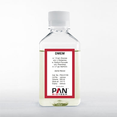 PAN-Biotech DMEM, w: 1.0 g/L Glucose, w/o: L-Glutamine, w: Sodium pyruvate,w/o: Phenol red, w: 3.7 g/L NaHCO3, cat. no. P04-01159, 500 ml bottle, distributed by Ilex Life Sciences