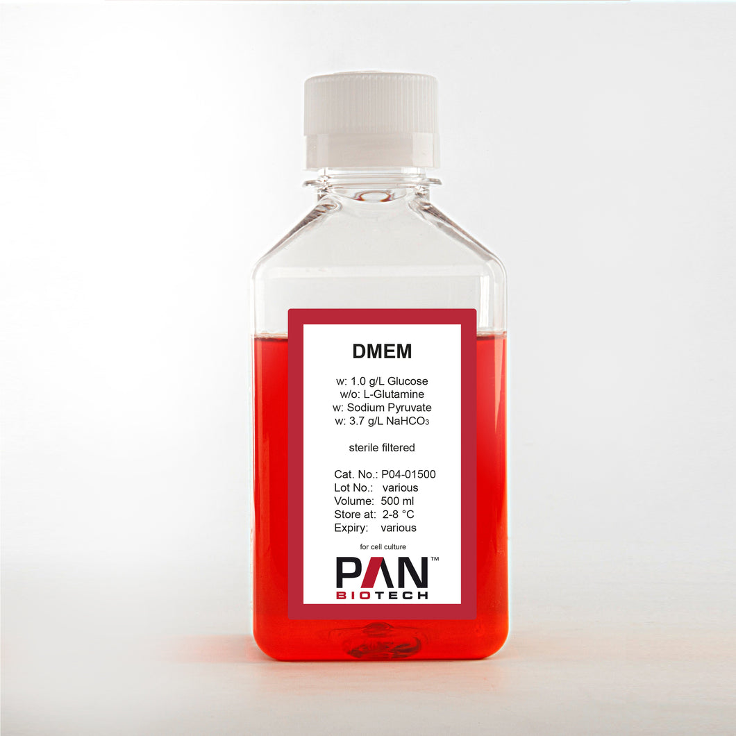 PAN-Biotech DMEM, w: 1.0 g/L Glucose, w/o: L-Glutamine, w: Sodium pyruvate, w: 3.7 g/L NaHCO3, 500 ml bottle, cell culture media, cat. no. P04-01500, distributed by Ilex Life Sciences.