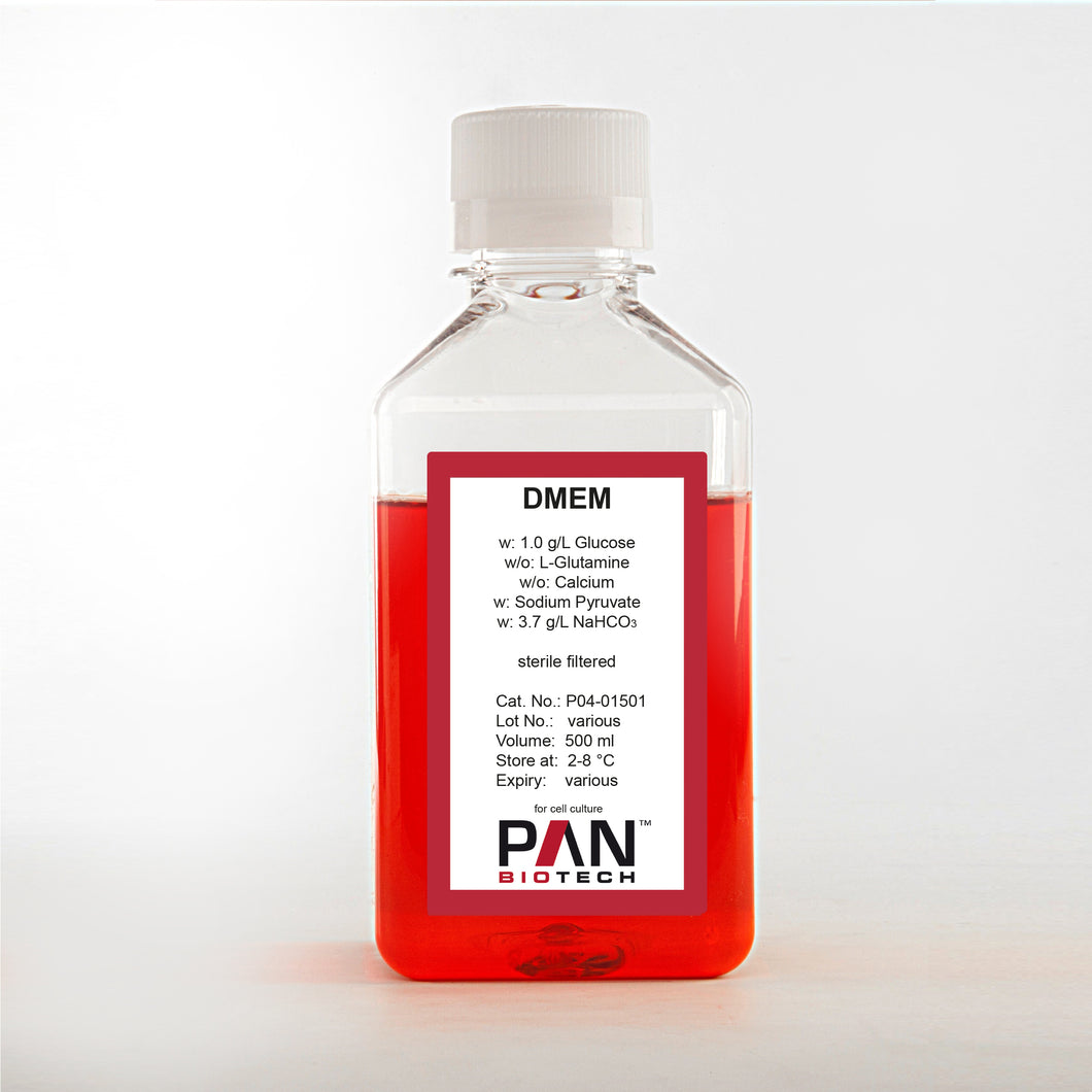 PAN-Biotech DMEM, w: 1.0 g/L Glucose, w/o: L-Glutamine, w: Sodium pyruvate, w/o: Calcium, w: 3.7 g/L NaHCO3, 500 ml bottle, cell culture media, cat. no. P04-01501, distributed by Ilex Life Sciences.