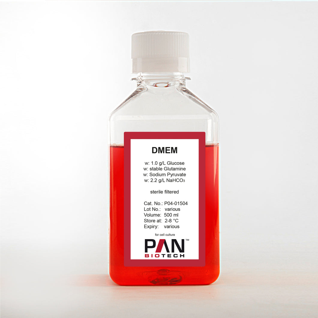 PAN-Biotech DMEM, w: 1.0 g/L Glucose, w: stable Glutamine, w: Sodium pyruvate, w: 2.2 g/L NaHCO3, 500 ml bottle, cell culture medium, cat. no. P04-01504, distributed by Ilex Life Sciences.