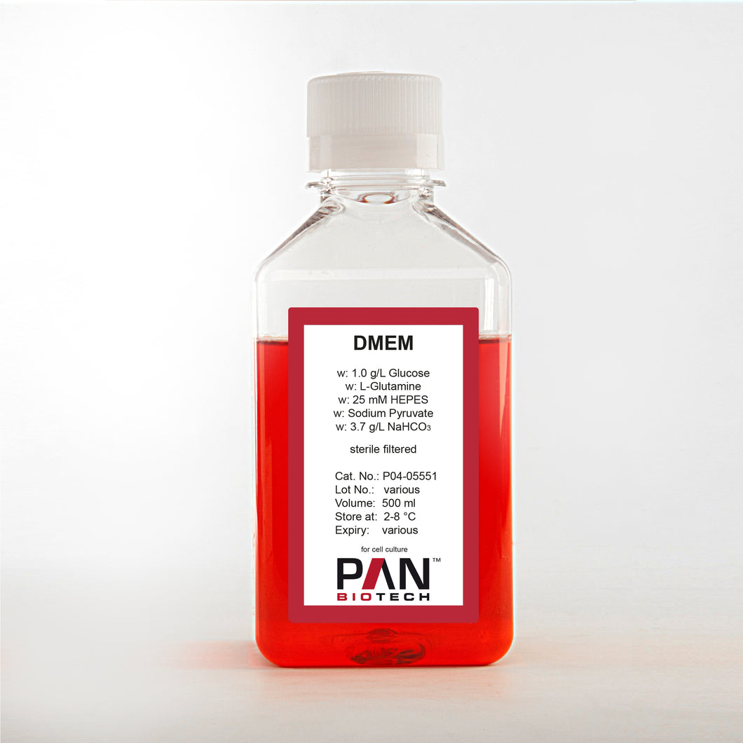 PAN-Biotech DMEM, w: 1.0 g/L Glucose, w: L-Glutamine, w: 25 mM HEPES, w: Sodium pyuvate, w: 3.7 g/L NaHCO3, 500 ml bottle, cell culture media, cat. no. P04-05551, distributed by Ilex Life Sciences.