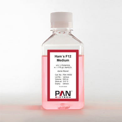 PAN-Biotech Ham´s F12 Medium, w/o: L-Glutamine, w: 1.176 g/L NaHCO3, 500 ml bottle, cell culture media, cat. no. P04-14550, distributed by Ilex Life Sciences.