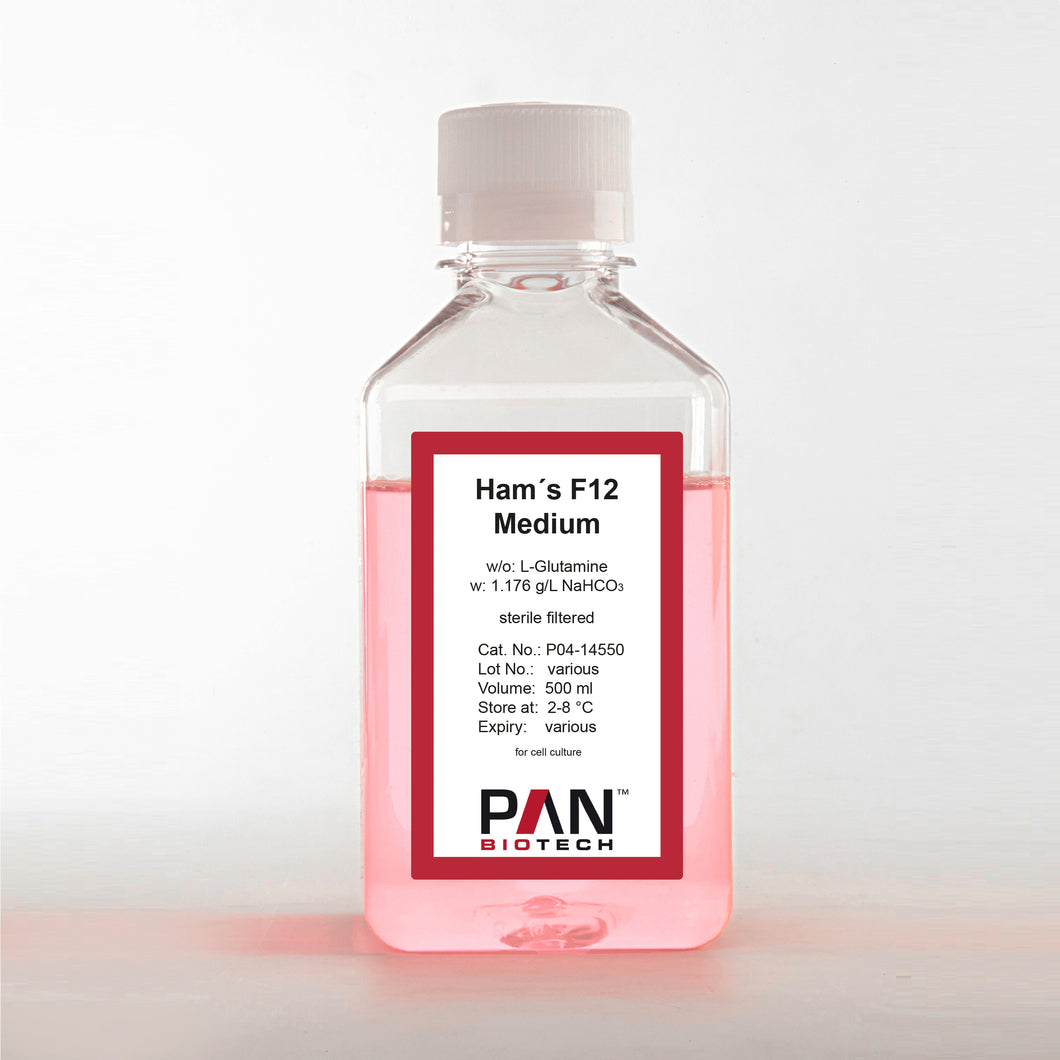 PAN-Biotech Ham´s F12 Medium, w/o: L-Glutamine, w: 1.176 g/L NaHCO3, 500 ml bottle, cell culture media, cat. no. P04-14550, distributed by Ilex Life Sciences.