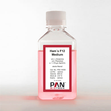 PAN-Biotech Ham's F12 Medium, w/o: L-Glutamine, w/o: Phenol red, w: 1.176 g/L NaHCO3, 500 ml bottle, cell culture media, cat. no. P04-14559, distributed by Ilex Life Sciences.