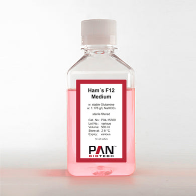 PAN-Biotech Ham's F12 Medium, w: stable Glutamine, w: 1.176 g/L NaHCO3, 500 ml bottle, cell culture media, cat. no. P04-15500, distributed by Ilex Life Sciences.