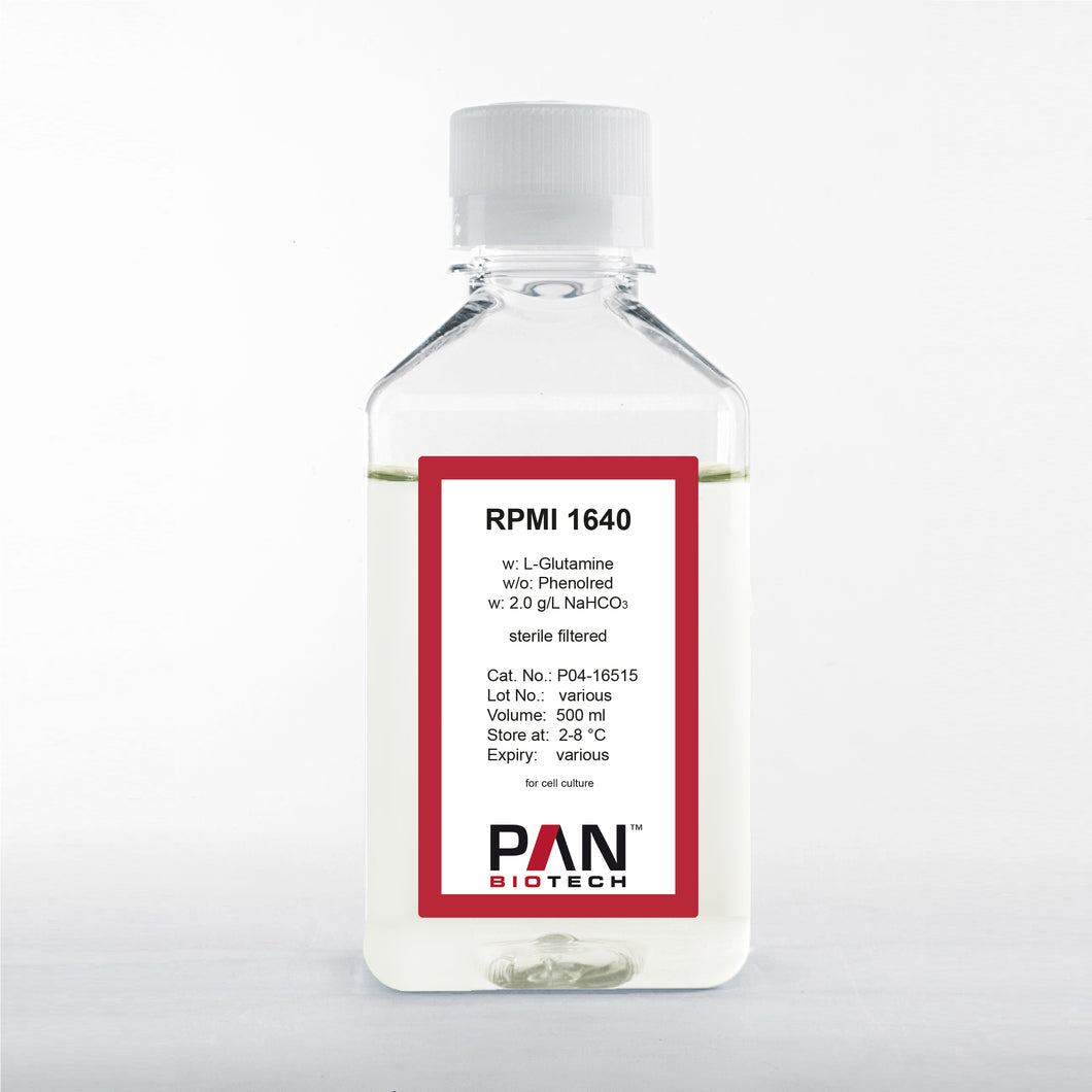 PAN-Biotech RPMI 1640, w: L-Glutamine, w/o: Phenol red, w: 2.0 g/L NaHCO3, 500 ml bottle, cell culture media, cat. no. P04-16515, distributed by Ilex Life Sciences.