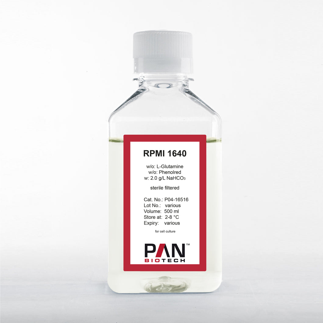 PAN-Biotech RPMI 1640, w/o: L-Glutamine, w/o: Phenol red, w: 2.0 g/L NaHCO3. 500 ml bottle, cell culture media, cat. no. P04-16516, distributed by Ilex Life Sciences.
