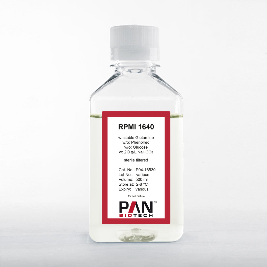 PAN-Biotech RPMI 1640, w: stable Glutamine, w/o: Phenol red, w/o: Glucose,w: 2.0 g/L NaHCO3, 500 ml bottle, cell culture media, cat. no. P04-16530, distributed by Ilex Life Sciences.