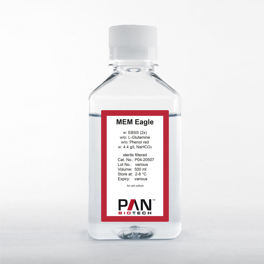 PAN-Biotech MEM Eagle (2x), w: EBSS, w/o: L-Glutamine, w/o: Phenol red, w: 4.4 g/L NaHCO3, 500 ml bottle, cell culture media, cat. no. P04-20507, distributed by Ilex Life Sciences.