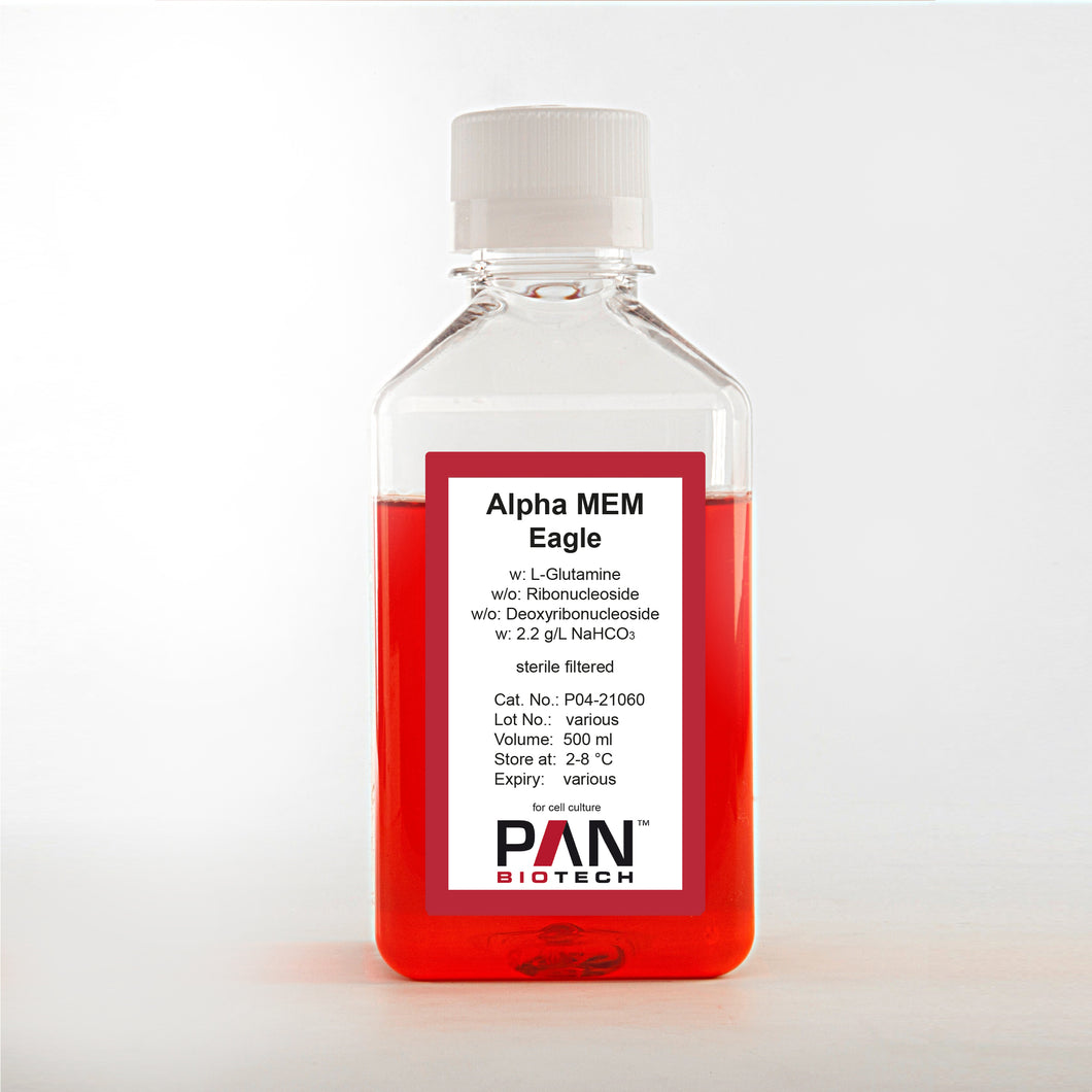 PAN-Biotech Alpha MEM Eagle, w: L-Glutamine, w/o: Ribonucleosides, w/o: Deoxyribonucleosides, w: 2.2g/L NaHCO3, 500 ml bottle, cell culture media, cat. no. P04-21060, distributed by Ilex Life Sciences.