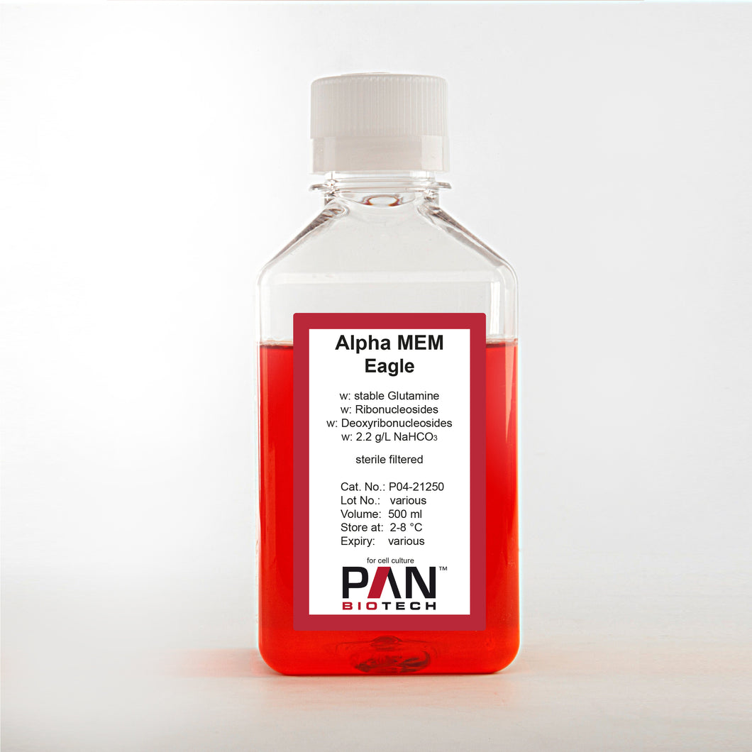 PAN-Biotech Alpha MEM Eagle, w: stable Glutamine, w: Ribonucleosides, w: Deoxyribonucleosides, w: 2.2 g/L NaHCO3, 500 ml bottle, cell culture media, cat. no. P04-21250, distributed by Ilex Life Sciences.