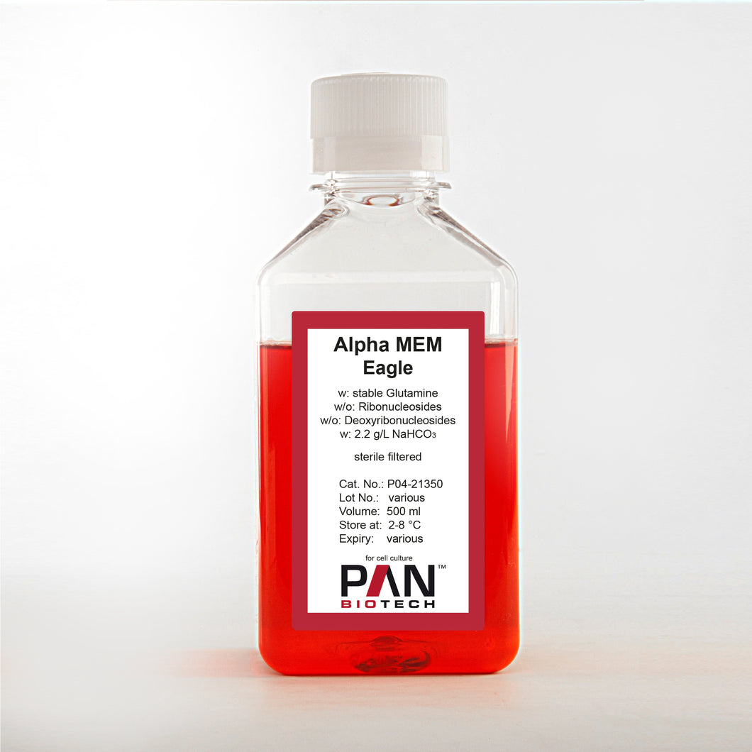 PAN-Biotech Alpha MEM Eagle (MEM α Modification), w: stable Glutamine, w/o: Ribonucleosides, w/o: Deoxyribonucleosides, w: 2.2 g/L NaHCO3, 500 ml bottle, cell culture media, cat. no. P04-21350, distributed by Ilex Life Sciences.