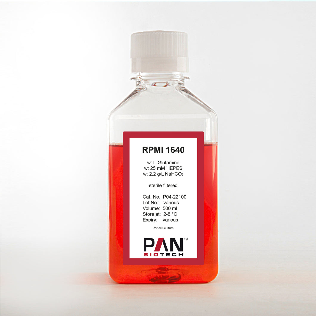 PAN-Biotech RPMI 1640, w: L-Glutamine, w: 25 mM HEPES, w: 2.2 g/L NaHCO3, 500 ml bottle, cell culture media, cat. no. P04-22100, distributed by Ilex Life Sciences.