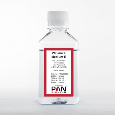 PAN-Biotech William's Medium E, w/o: Glucose, w/o: L-Glutamine, w/o: Phenol red, w: 2.24 g/L NaHCO3, 500 ml bottle, cell culture medium, cat. no. P04-29050S4, distributed by Ilex Life Sciences.