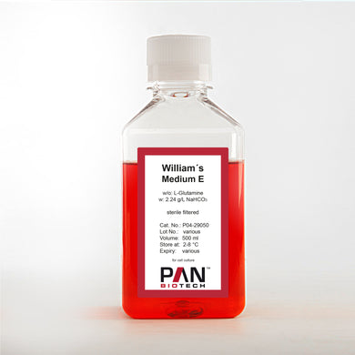 PAN-Biotech William's Medium E, w/o: L-Glutamine, w: 2.24 g/L NaHCO3, 500 ml bottle, cell culture media, cat. no. P04-29050, distributed by Ilex Life Sciences.