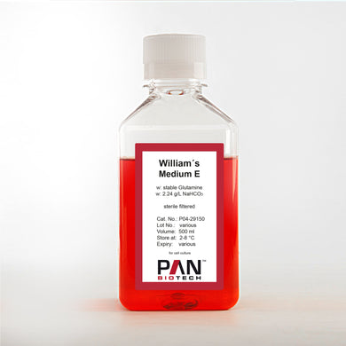 PAN-Biotech William's Medium E, w: stable Glutamine, w: 2.24 g/L NaHCO3, 500 ml bottle, cell culture media, cat. no. P04-29150, distributed by Ilex Life Sciences.
