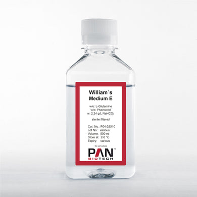 PAN-Biotech William's Medium E, w/o: L-Glutamine, w/o: Phenol red, w: 2.24 g/L NaHCO3, 500 ml bottle, cell culture media, cat. no. P04-29510, distributed by Ilex Life Sciences.