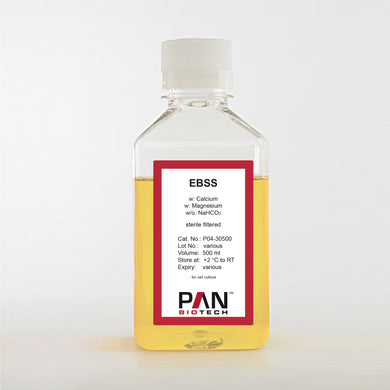 PAN-Biotech Earle′s Balanced Salts Solution (EBSS), w: Ca and Mg, w/o: NaHCO3, 500 ml bottle, cat. no. P04-30500, distributed by Ilex Life Sciences.